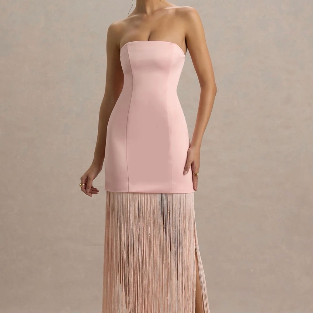 Club L London Blush Pink Satin Bandeau Maxi Dress With Fringe - Picture 5 of 10